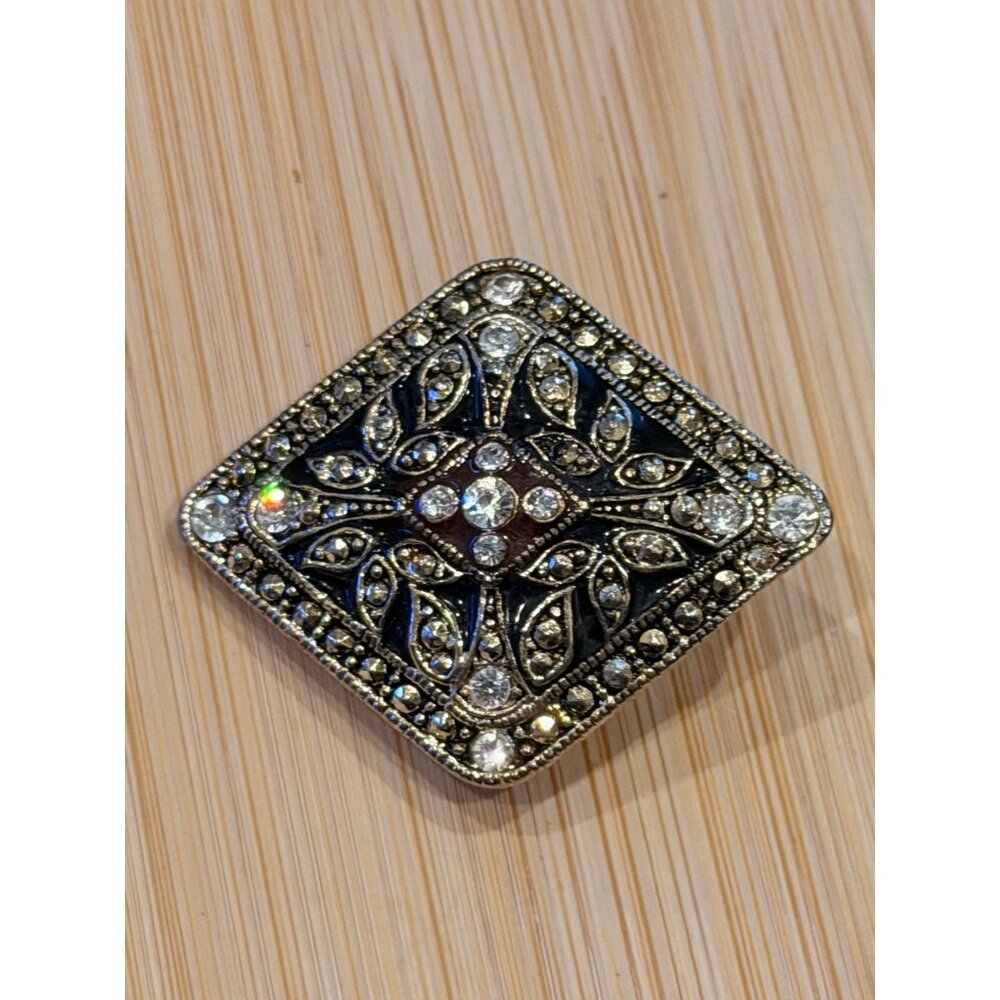 Vintage Rhinestone Gold-Tone Filigree Square Pendant Brooch With Black Enamel &